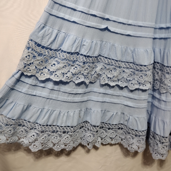 1st Sight Babydoll Dress Women's L Blue Ruffle Lace Tiered Flowy Beach Coastal - Picture 4 of 8